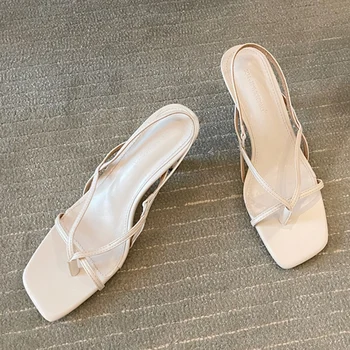 2021 Yaz Yeni Varış Kadın İnce Yüksek Topuklu Sandalet Tasarımcı Turuncu Beyaz Orta Topuklu Flip Flop Sandalet Kadın parti ayakkabıları 4