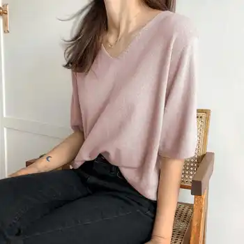 Yarım Kollu T-shirt Kadın Günlük Yaz Retro Moda Katı V Yaka Vintage Ins Sıcak Satış İhale 2021 Klasik Elbise Kolej İnce