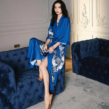 Kadın Saten Soyunma Kimono Elbise Baskı Tavuskuşu Çin Gecelik Bahar Yaz 3/4 Kollu Hırka Rahat Ev Bornoz