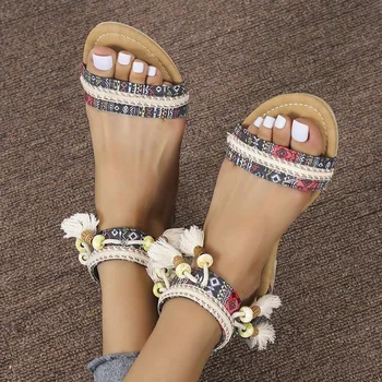 Popüler Etnik Roma Sandalet Kama Geri Fermuar Boncuklu Püskül kadın ayakkabısı rahat ayakkabılar Yaz Plaj Bohemian kadın Sandalet 0