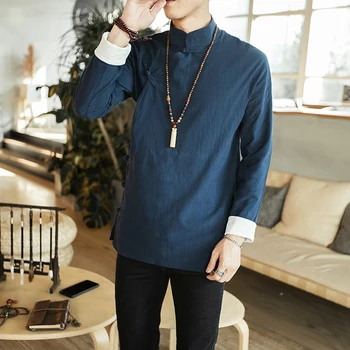 Sonbahar Çin Tarzı Retro Keten Düğme Ceket Hanfu erkek Uzun kollu düz renk tişört erkek gömleği Rahat Üst