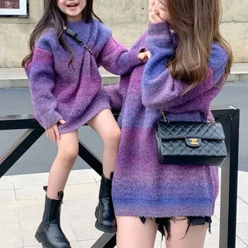 Anne ve Kızı Eşleştirme Giyim Uzun Yeni Sonbahar Kış Süper Güzel Mor Kazak Tasarım Duygusu Nazik Rahat Kazak