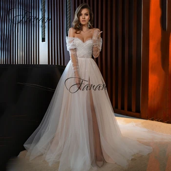 Illusion Prenses Kapalı Omuz düğün elbisesi Fırça Tren Nokta Tül A-Line gelinlik Yüksek Yarık Dantel-Up Geri vestido de novia