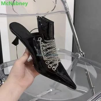 Siyah Metal Zincir Kayış Slingback Pompaları Kadın Kadın Sivri Burun Ince Yüksek Topuk Katır Terlik Seksi Sığ moda ayakkabılar
