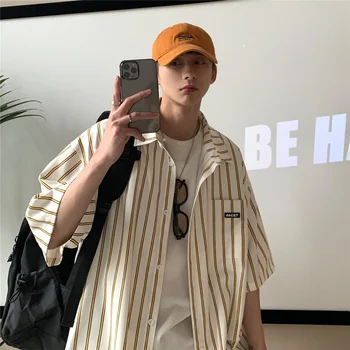 Moda mağazası Şerit Gömlek erkek kısa kollu Kore Moda rahat boyutu yaz Gömlek Fabrika Sıcak Satış camisa masculina gömlek