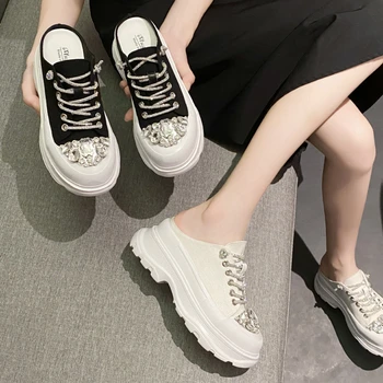 Moda kalın tabanlı tasarımcı kanvas ayakkabılar kadın 2022 yeni tüm maç platform ayakkabılar kalın tabanlı yükseltilmiş rahat baba elmas