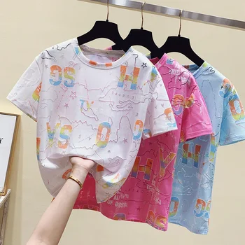 Gkfnmt batik Baskı En Tees Kısa Kollu Kadın Tshirt Gelgit Harajuku Gevşek Trend Vahşi Çift Yaz Pamuklu ince tişört