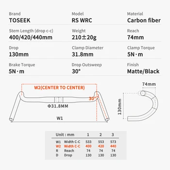 TOSEEK RS-wrc Karbon Çakıl Gidon Egzotropizm gidon 31.8 mm Cyclocross Yol Bisikleti Gidon 400/420 / 440mm Mat Siyah
