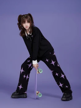 Harajuku Siyah Mor Yıldız Örme Pantolon Kadın Kız Kış sıcak Pantolon rahat pantolon Şık Streetwear