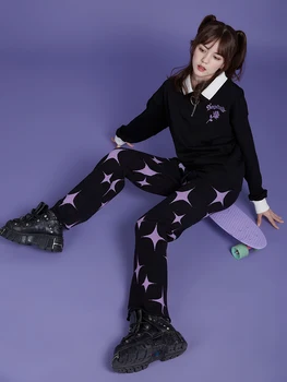 Harajuku Siyah Mor Yıldız Örme Pantolon Kadın Kız Kış sıcak Pantolon rahat pantolon Şık Streetwear 1
