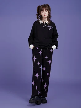 Harajuku Siyah Mor Yıldız Örme Pantolon Kadın Kız Kış sıcak Pantolon rahat pantolon Şık Streetwear 2