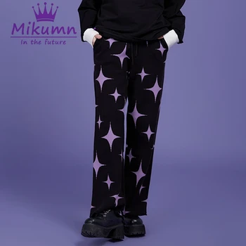 Harajuku Siyah Mor Yıldız Örme Pantolon Kadın Kız Kış sıcak Pantolon rahat pantolon Şık Streetwear 3