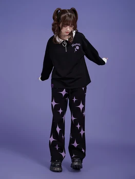 Harajuku Siyah Mor Yıldız Örme Pantolon Kadın Kız Kış sıcak Pantolon rahat pantolon Şık Streetwear 5