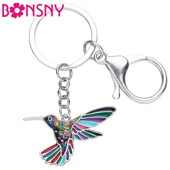 Bonsny Emaye Alaşım Çiçek Hummingbird Kuş Anahtarlık Anahtarlıklar Yüzük Moda hayvan figürlü mücevherat Kadınlar Kızlar Için Çanta Araba Takılar Hediyeler
