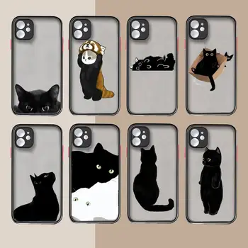 Siyah kedi sevimli karikatür telefon Kılıfı mat şeffaf iphone 14 11 12 13 artı mini x xs xr pro max kapak