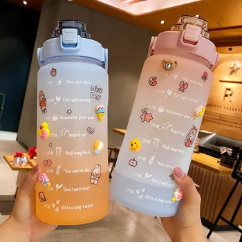 2L Büyük Kapasiteli Açık Spor su şişesi Saman ile Zaman Ölçeği Sızdırmaz su bardağı Taşınabilir seyahat degrade ısıtıcılar