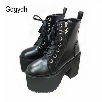 Gdgydh Bayan Lace Up Savaş Botları Platformu Aşırı Yüksek Topuklu Moda Fermuar Cosplay yarım çizmeler Konser Clubwear Suni Deri