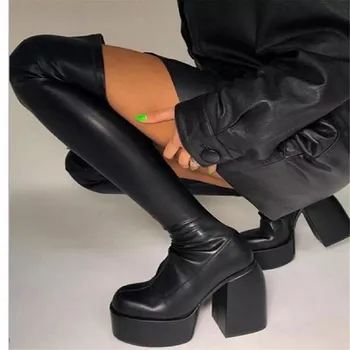 2022 Yeni Kadın Botları Yüksek Topuklu Tıknaz Platformu Siyah Büyük Boy 43 Kışlık Botlar Diz Yüksek Çizme Fermuar Matrin Çizme parti ayakkabıları