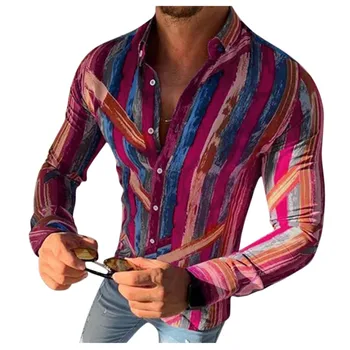 Erkek uzun kollu giyim erkek Gömlek Sprint Yaz Rahat Şerit Baskı erkek gömleği Vintage Giyim Büyük Boy Gömlek camisas