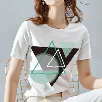 Kadın moda üst giyim Geometri Desen Baskı T-Shirt Beyaz Tüm Maç Gidip Kısa Kollu Üstleri Bayanlar O-Boyun Tee Bayan Giyim