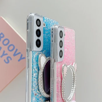 Glitter Sevimli Kedi Makyaj Aynası Telefon Kılıfı İçin Samsung Galaxy S22 Ultra S21 Artı S20 FE A53 A73 A13 A72 A52 A32 Yumuşak Arka Kapak