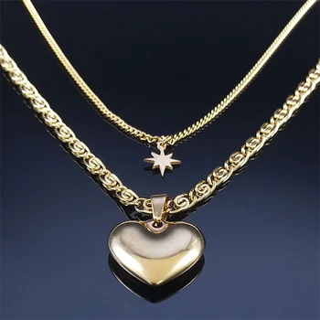 Moda Sevgilisi Kalp Katmanlı Kolye Kadınlar için Paslanmaz Çelik Altın Renk Sekizgen Yıldız Kolye Takı gargantillas NO12S01 3