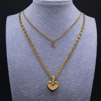 Moda Sevgilisi Kalp Katmanlı Kolye Kadınlar için Paslanmaz Çelik Altın Renk Sekizgen Yıldız Kolye Takı gargantillas NO12S01 5