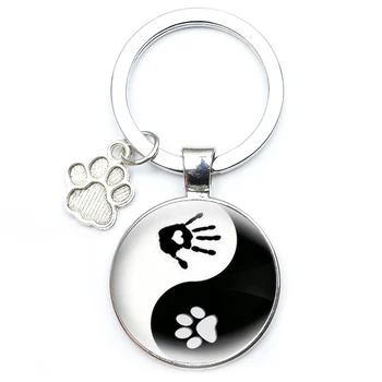 Sevimli Pet Kedi Köpek Ayak İzleri Anahtarlık Cabochon Cam Metal Anahtarlık Tai Chi Desen Zincir Sırt Çantası Kolye moda takı Hediye 0