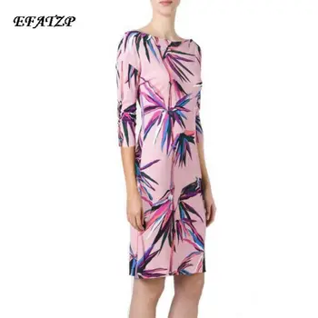 EFATZP Yeni Moda Tasarımcısı Lüks kadın Slach boyun Geometrik Baskı 3/4 kollu Streç Jersey İpek Elbise