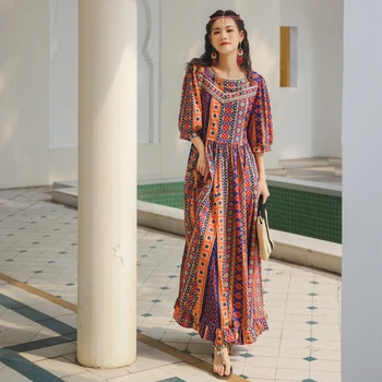Işlemeli Vintage Hindistan Pakistan Giyim Bohem Tarzı Boho Casual Uzun Maxi Elbise Saree hint elbisesi Kadın Kurties Pakistanlı