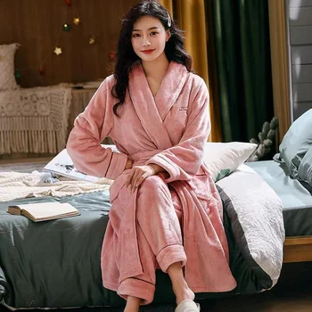 Yeni Kış Flanel Bornoz Kadınlar İçin Uzun Kollu Mercan Polar Bayanlar Pijama Setleri Kalın Sıcak Ev Giysileri Bornoz Takım Elbise Kadın 5