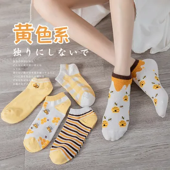 5 Çift Düşük Kesim Kadın Çorap Seti Yaz İnce Sarı Arı Sevimli Yumuşak Nefes Pamuk Çorap Japon Kafes Şerit Kawaii Calcetine