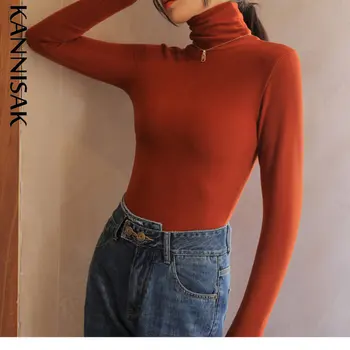 KANNISAK Kadın T-shirt Uzun Kollu Balıkçı Yaka Sıcak Kadife Dip Gömlek Sonbahar Kış İç Giyim İnce Kore Moda Tişörtleri