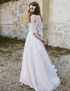 A-line Sheer Geri düğün elbisesi Tatlı Çiçek Aplikler Tül Prenses gelin kıyafeti Stüdyo Photograohy Balo Custom Made #1006