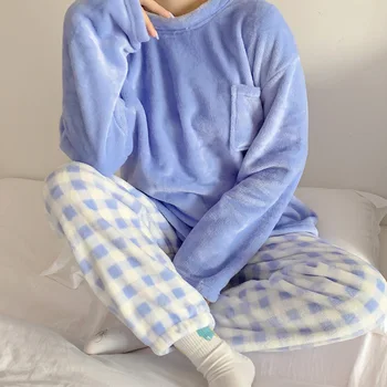 Tatlı Pijama Setleri Kadın Şeker Renk Uzun Kollu Üstleri Paket Pantolon Ekose Öğrenciler Pijama Pazen Moda Rahat Kalın Salon