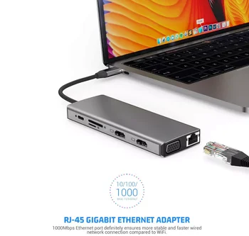 12 in 1 MST USB C HUB USB C Adaptörü Thunderbolt 3 ile Çift 4 K HDMI VGA Rj45 1000 mbps için Google Chromebook Pixelbook, Dell XPS