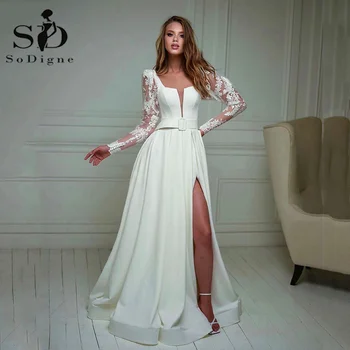 SoDigne Modern Dubai gelinlikler Kemer İle Uzun Kollu Seksi V Boyun Saten Gelin Elbise Yan Bölünmüş düğün elbisesi Özel 2023
