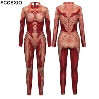 FCCEXIO Kadınlar Seksi Sıkı Tulumlar Titan Annie Leonhart Cosplay Kostüm Yetişkin 3D Baskı Kas Bodysuits Parti Catsuits