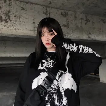 Harajuku şeytan Baskı Büyük Boy t-shirt y2k Kadın giyim Uzun kollu Casual Vintage siyah üst Punk Gotik T-shirt Gevşek anime 1