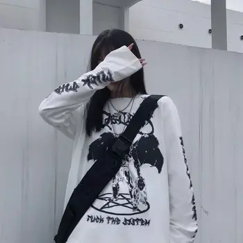 Harajuku şeytan Baskı Büyük Boy t-shirt y2k Kadın giyim Uzun kollu Casual Vintage siyah üst Punk Gotik T-shirt Gevşek anime 2