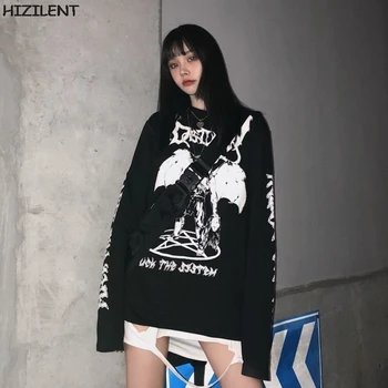 Harajuku şeytan Baskı Büyük Boy t-shirt y2k Kadın giyim Uzun kollu Casual Vintage siyah üst Punk Gotik T-shirt Gevşek anime 3