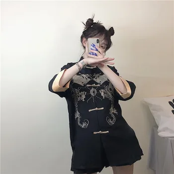 Siyah Gotik Tang Takım Elbise Gömlek Elbise Kadınlar İçin Çin Geleneksel Bluz Tek Göğüslü Nakış Vetement Homme Cheongsam Üst