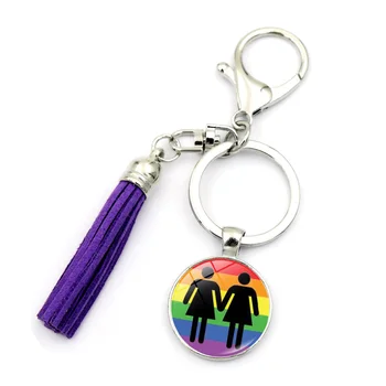Eşcinsel Gurur Anahtarlık Aksesuarları LGBT Gökkuşağı Cam Cabochon Püskül Kolye araba anahtarlığı Sevimli Takılar Anahtarlık Tuşları Aşk Hediyeler