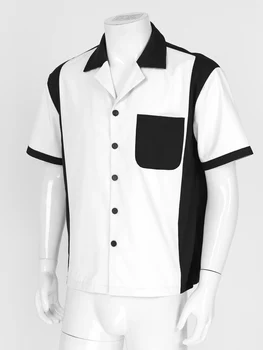 Erkek Retro Bowling Kampı Gömlek düğme Aşağı iki ton çizgili rahat elbise Gömlek