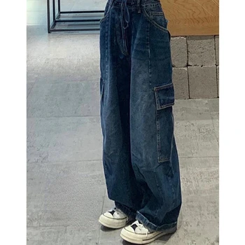Y2K Kadınlar Vintage Streetwear Kore Baggy Kargo Kot Yüksek Bel Düz Geniş Bacak Pantolon Denim Pantolon Peri Grunge Alt Elbise