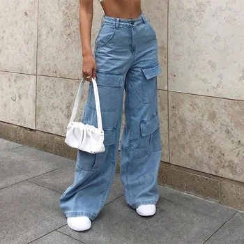 Kadın 90s Y2K Patchwork Geniş Bacak Anne Kot Büyük Cep Kargo Pantolon Vintage Paspas Pantolon Rahat Streetwear Erkek Arkadaşı Denim Kot