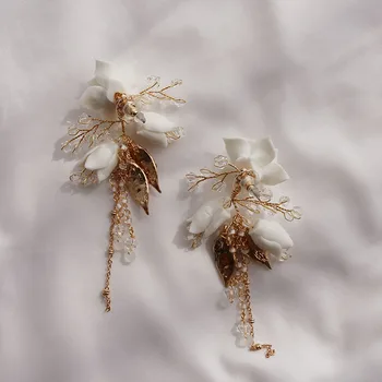 Jonnafe Büyüleyici porselen çiçek Gelin Damla Küpe Düğün Aksesuarları Takı El Yapımı Kristal Kadın Küpe