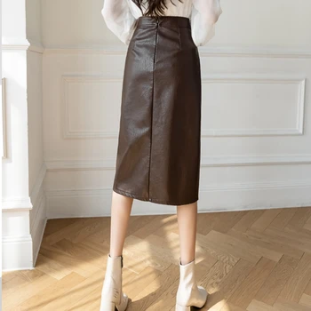 Seksi Bölünmüş Uzun PU Deri Etek Kadın Sonbahar Kış Yüksek Bel Sıkı Bodycon kalem etek Moda Bayanlar Casual Streetwear Midi