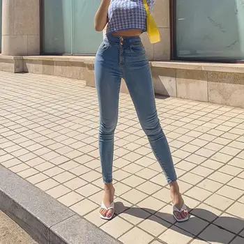 Kadın Streç dar kot Şık İki Düğme Yüksek Bel Sıska dar kot Bayan Streetwear Casual Slim Kot Pantolon 3