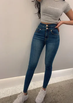 Kadın Streç dar kot Şık İki Düğme Yüksek Bel Sıska dar kot Bayan Streetwear Casual Slim Kot Pantolon 4